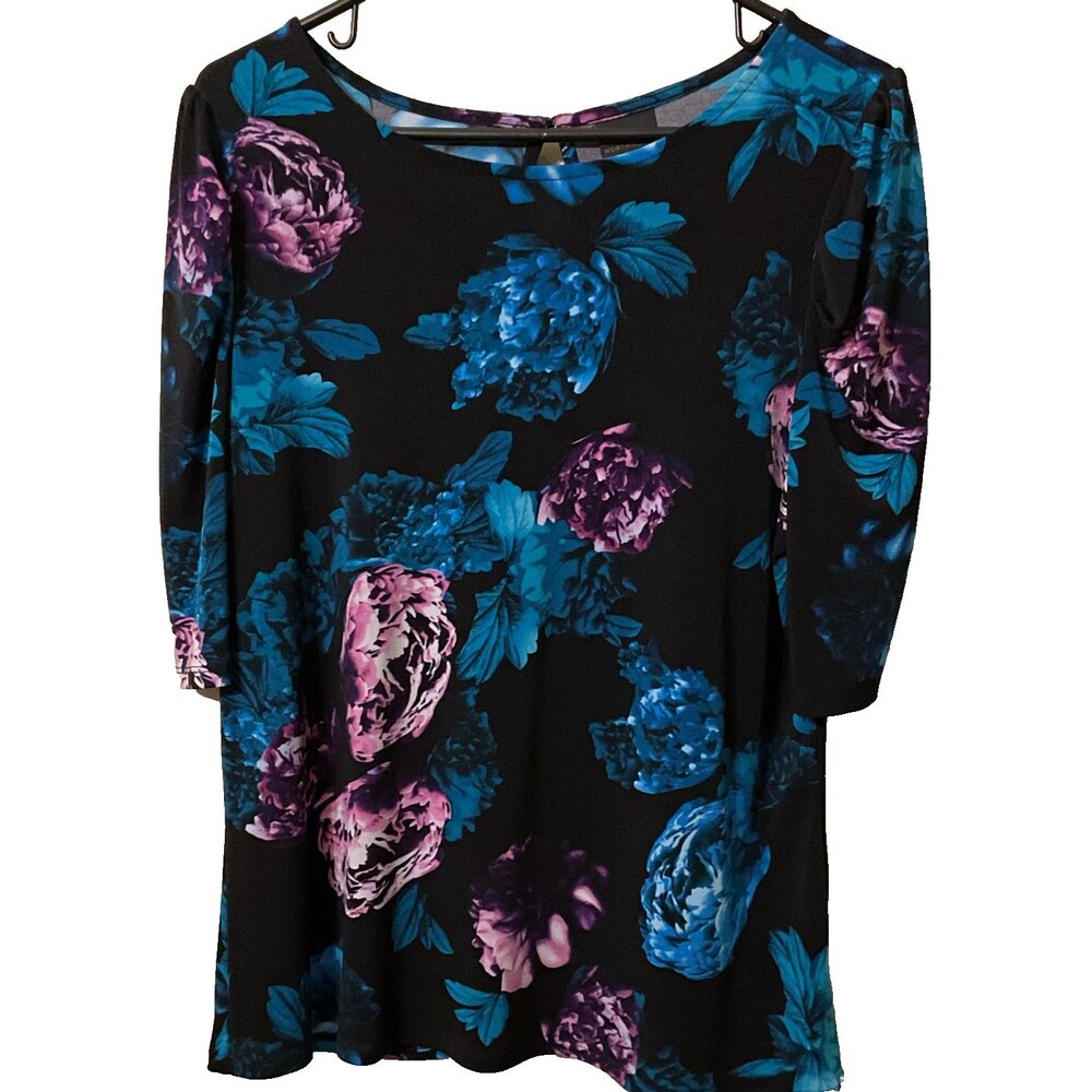 Worthington Women’s Knit Top Size M Black Blue Purple Floral Print 3/4 Sleeve
